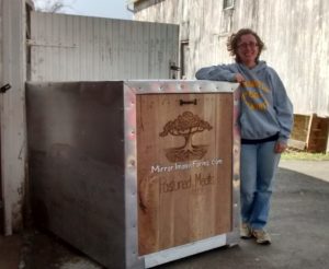 This is our transport cooler used for delivering meat directly to you. Our friend Audrey Kanagy wood burned our name and logo (which she designed) on the door. As we expand and look for people to help us out, this is a perfect example of matching a task to the right person. If you have a skill that you think we might be able to use, let us know. 